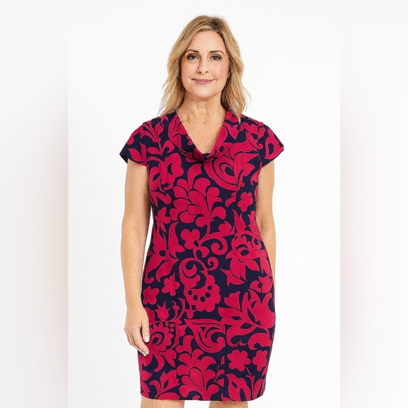 Talbots Magenta Navy Floral Linen Sheath Dress Cowl neck cap sleeve 10 Lined - Picture 1 of 14